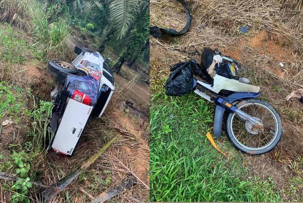 Keadaan pacuan empat roda dan motosikal yang terbabit dalam kemalangan di KM 68, Jalan Batu Pahat-Mersing di Kluang pada Rabu.