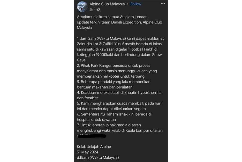 Tangkap layar hantaran terkini Kelab Jelajah Alpine (KJA) pada Jumaat.
