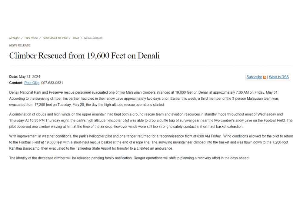 Kenyataan media daripada Jurucakap Taman Negara Denali pada Jumaat