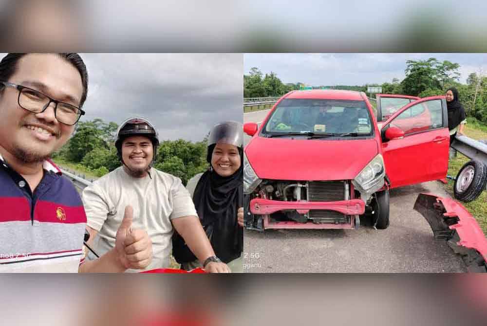 Mohd Azizul Arif (kiri) bersama Nur Sadid Amin dan Nur Syuhada selepas selesai memasang tayar kereta. Gambar kanan: Keadaam kereta Mohd Azizul Arif yang mengalami kemalangan di Lebuh Raya Pantai Timur 2.