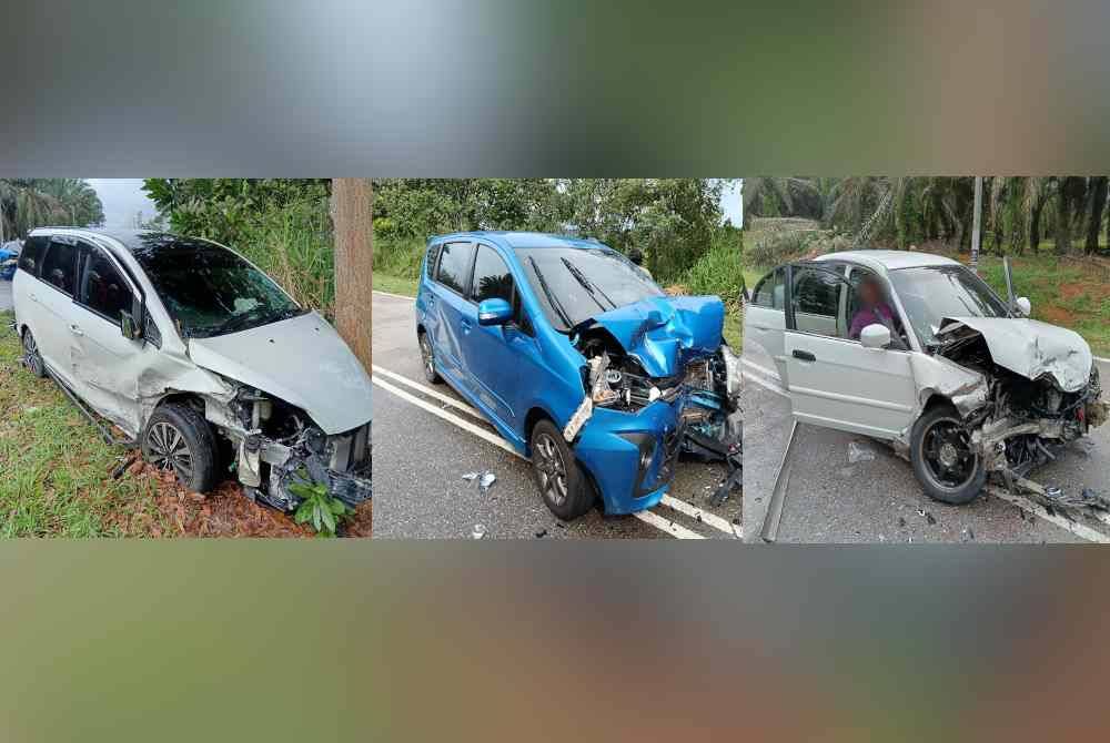 Keadaan Proton Exora, Perodua Alza dan Honda Civic yang terbabit dalam kemalangan. Foto IPD Kluang