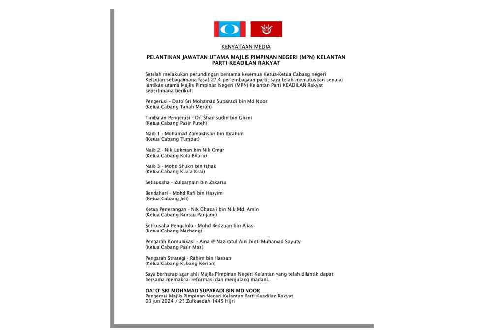 Perkara itu diumumkan oleh PKR Kelantan menerusi satu kenyataan media pada Isnin.