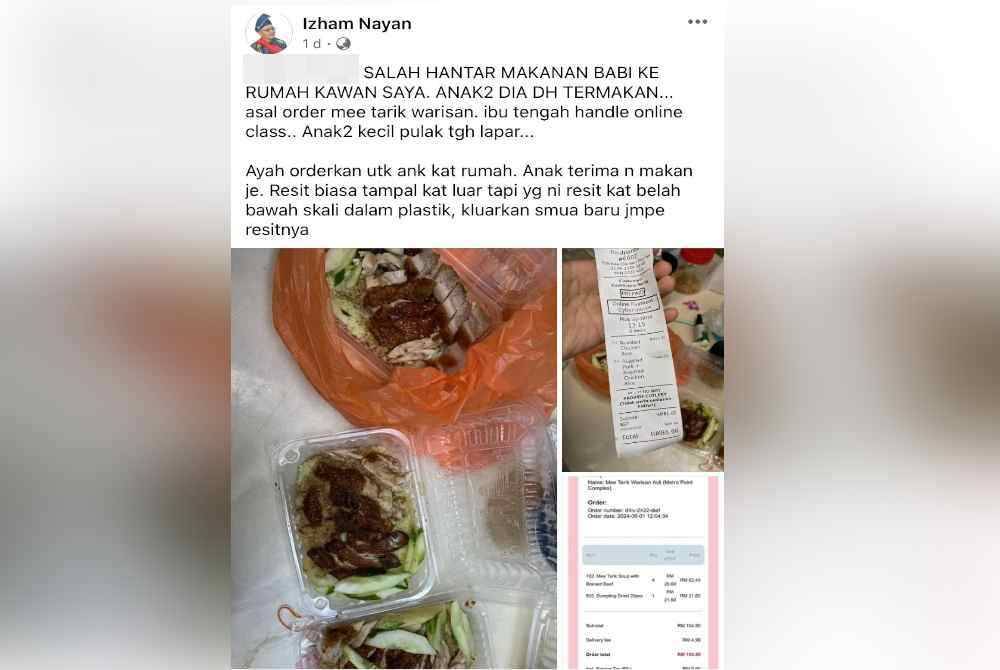 Tangkap layar hantaran yang tular di media sosial mengenai kesilapan 'rider' hantar makanan berasaskan babi