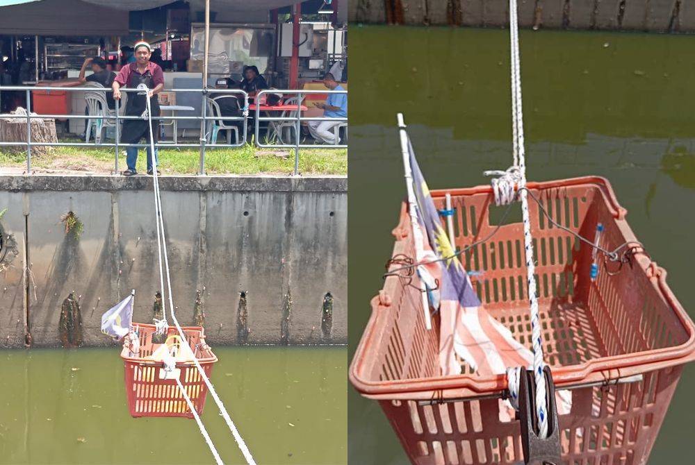 Mohd Hidzir menghantar tempahan pelanggan yang menunggunya di seberang dengan menarik raga dipasang tali di Medan Selera Hospital Lama Alor Setar. Gambar kanan: Tali ditarik menggunakan takal dan perlu ditarik untuk menghantar bakul ke seberang.
