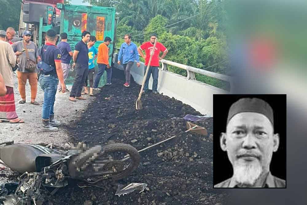 Penghulu Mukim Teja maut dalam keadaan tertimbus muatan batu tar selepas motosikal ditunggang terlibat kemalangan dengan sebuah treler di Kampar pada Rabu. Gambar kecil: Hanapiah