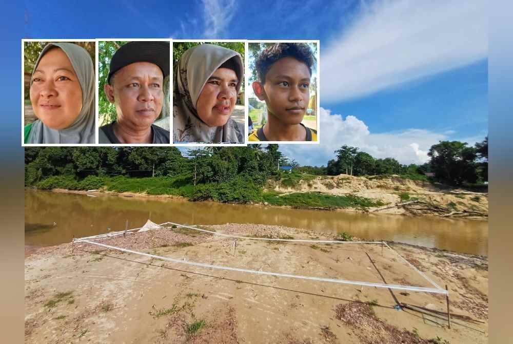 Tiada sebatang tiang dinaikan sebaliknya hanya tanda tapak bagi tujuan pembinaan jambatan konkrit di Kampung Aur, Bukit Ibam yang dijadualkan pembinaan pada Disember 2021. Gambar kecil: Siti Norhayati, Ahmad Majuri, Ramnah, Mohd Iman Syafiq
