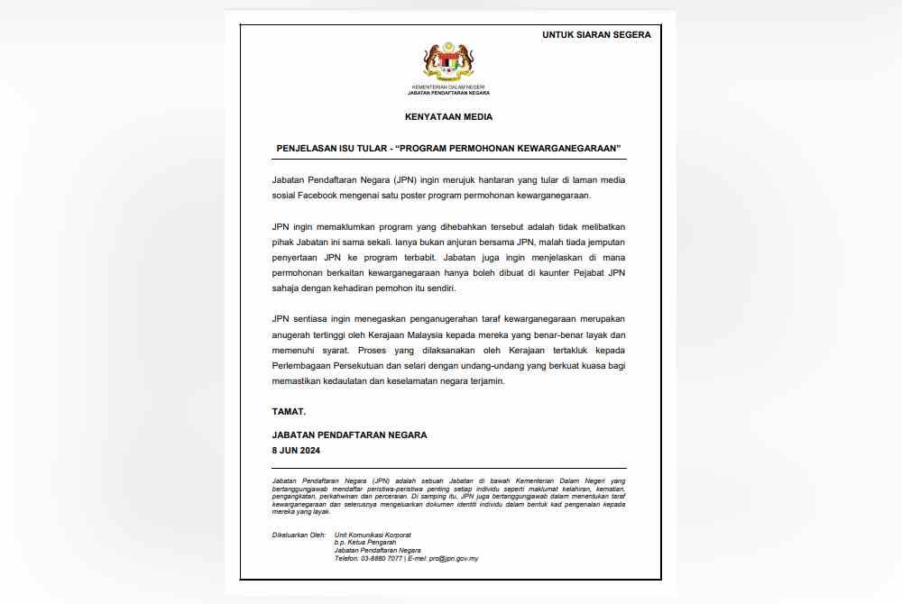 Kenyataan JPN pada Sabtu