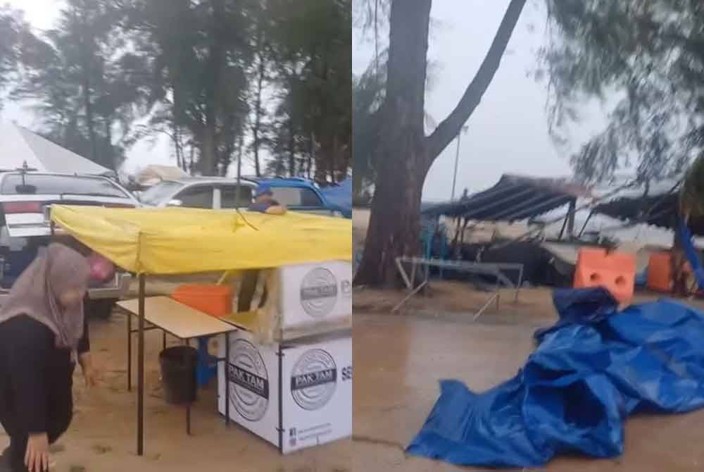 Tangkap layar video yang dikongsi netizen melalui Facebook menunjukkan keadaan gerai dan kanopi peniaga yang mengalami kerosakan akibat ribut yang melanda Pantqi Kempadang.