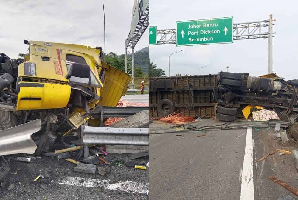 Keadaan treler yang terbabas di KM 268.3 Lebuhraya Plus arah selatan. Foto ihsan bomba