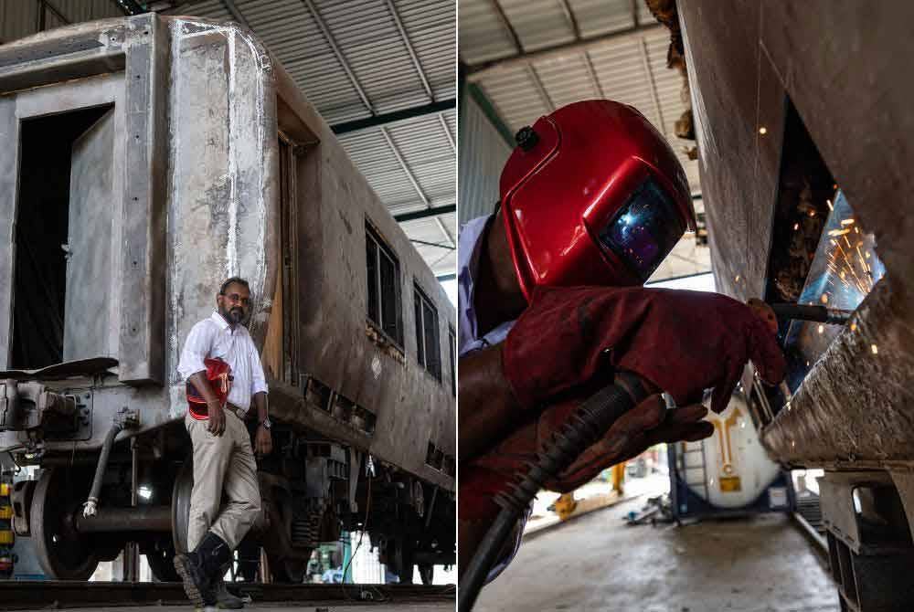 Ganesan bergambar di hadapan gerabak kereta api. Gambar kanan: Ganesan menjalankan kerja-kerja menyelenggara gerabak kereta api dan lokomotif ketika ditemui di bengkelnya di Jalan Tun Abdul Razak baru-baru ini. Foto Bernama