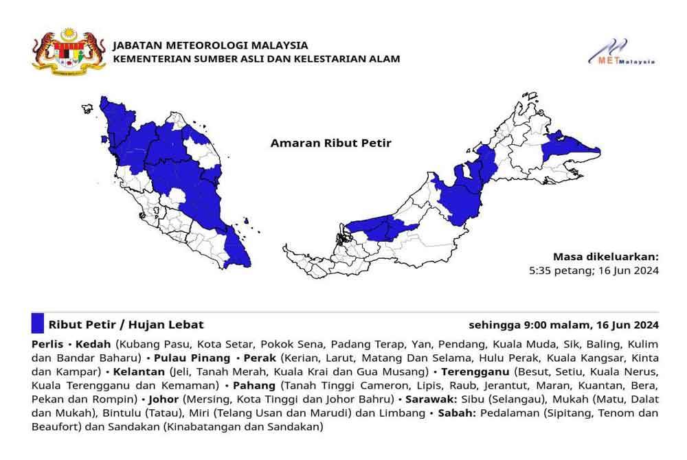 MetMalaysia mengeluarkan amaran ribut petir dan hujan lebat di 10 negeri sehingga 9 malam ini.