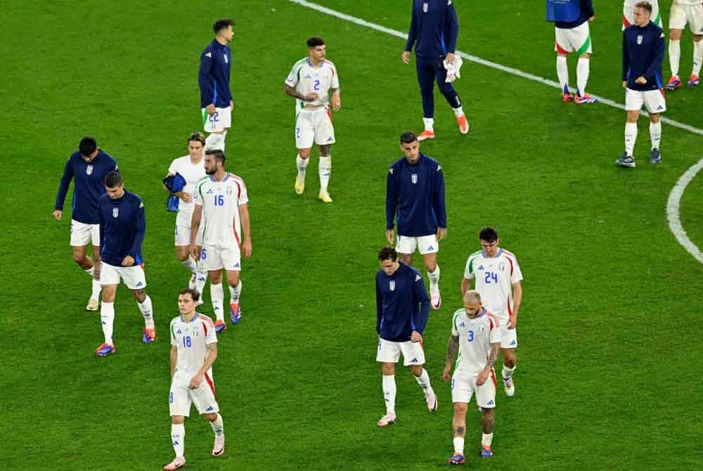 Reaksi pemain Itali selepas tewas kepada Sepanyol dalam aksi Kumpulan B, Euro 2024. Foto AFP