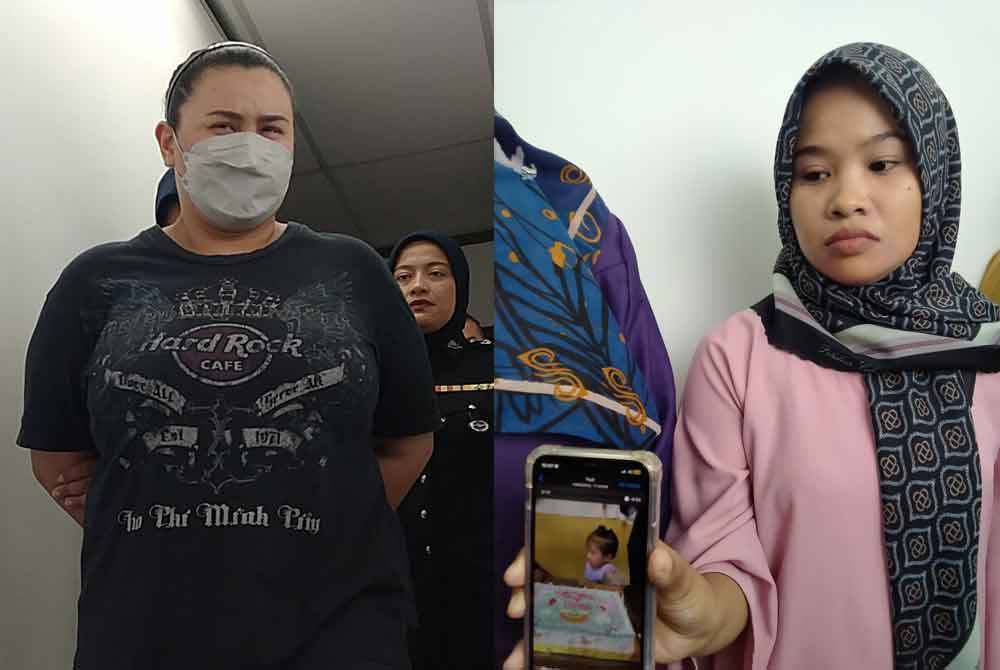 Wan Fatimah Zahra (kiri) dihadapkan ke Mahkamah Majistret Ipoh pada Jumaat atas tuduhan membunuh anak angkatnya. Siti Nurhidayatul Akmar (kanan) menunjukkan gambar anaknya ketika ditemui pemberita di luar Mahkamah Majistret Ipoh di sini pada Jumaat.