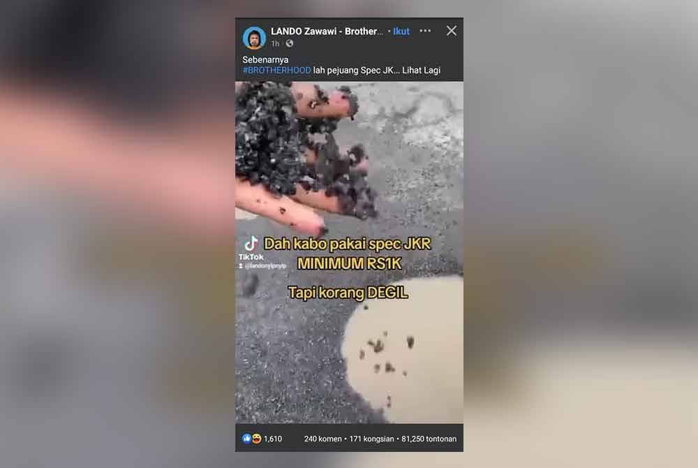 Video dimuat naik seorang aktivis jalan raya mengenai tampalan 'pothole' pecah di laman media sosial pada Isnin.