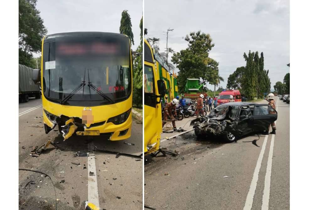 Keadaan bas berkenaan selepas kemalangan dengan sebuah kereta jenis Proton wira berdekatan Majlis Perbandaraan Sungai Petani, di sini pada petang Isnin. Foto Bomba