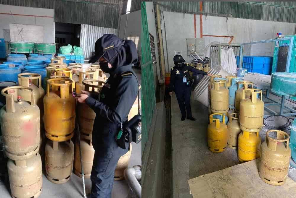 Anggota KPDN memeriksa tong gas LPG di sebuah kilang sarung tangan getah di Tangkak. - Foto KPDN Johor
