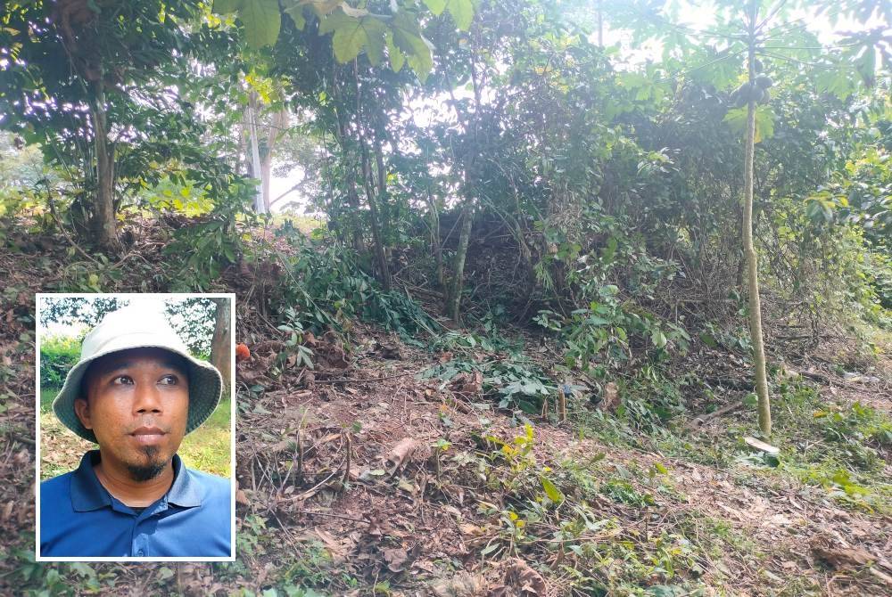 Lokasi penemuan rangka manusia di kebun durian di Kampung Sri Wangi, Parit Yaani Batu Pahat. (Gambar kecil: Mohd Rizza)