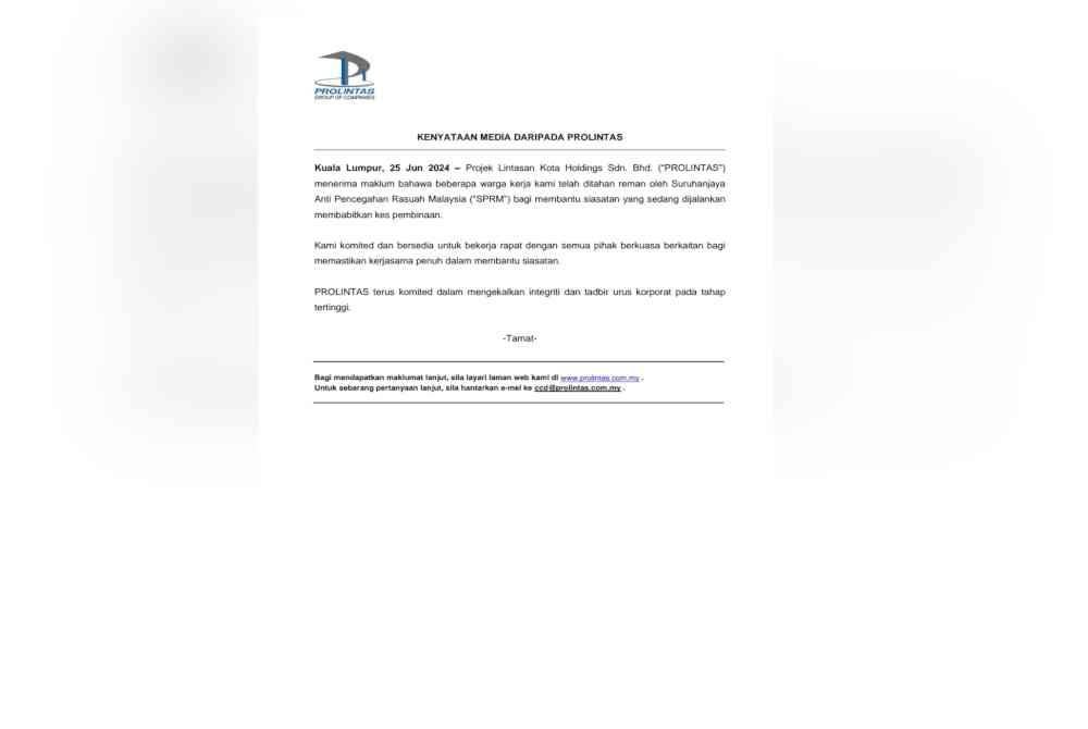 Tangkap layar kenyataan Prolintas pada Selasa.