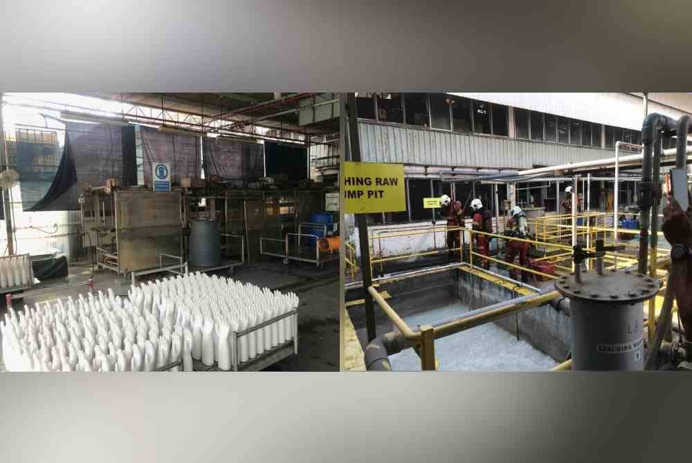 Sebuah kilang memproses produk berasaskan getah dikesan berlaku tumpahan bahan kimia. Tindakan nyahcemar dilakukan di lokasi kejadian menggunakan air. Foto JBPM