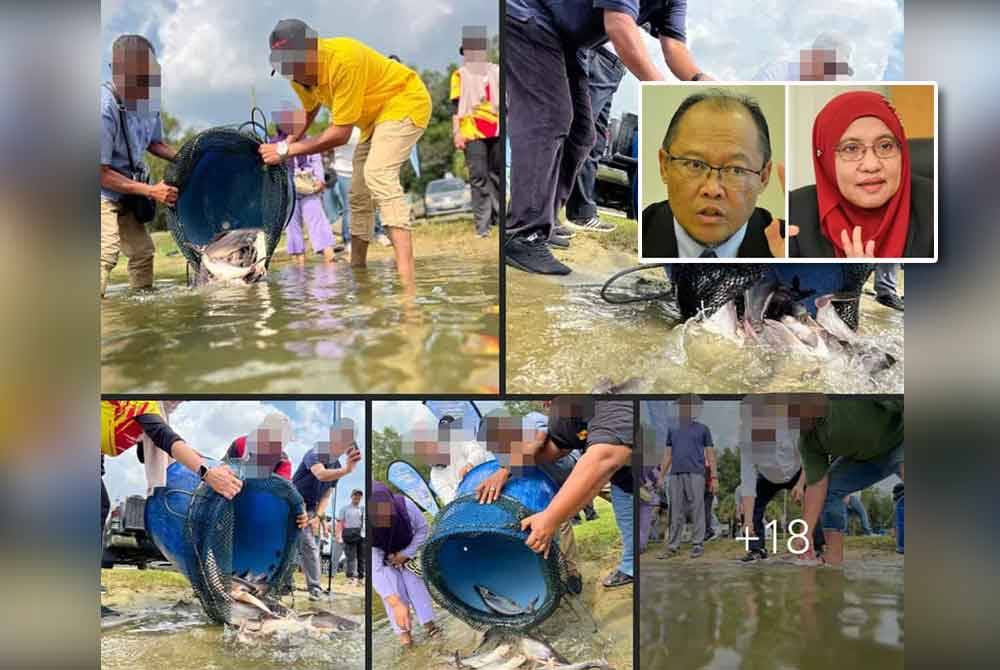Tindakan individu melepaskan ikan asing di tasik biru, Kundang mengundang kecaman warganet di media sosial. Gambar kecil: Adnan, Noraisyah