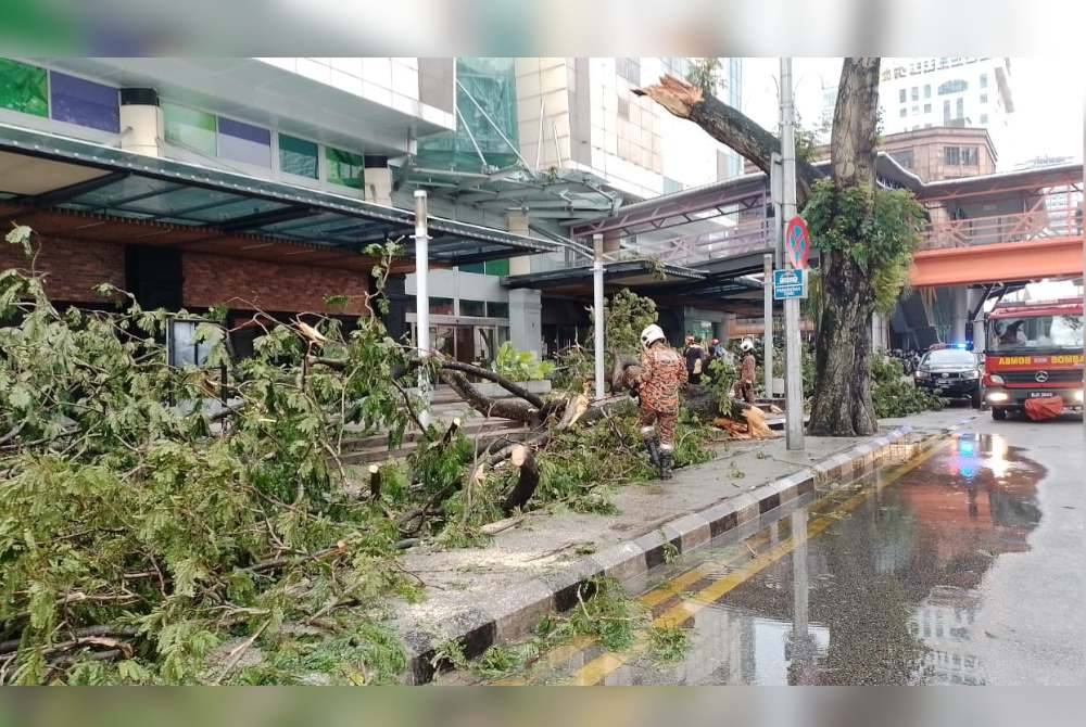 Anggota bomba mengalihkan pokok yang tumbang di hadapan sebuah pusat beli-belah di Jalan Tuanku Abdul Rahman pada Jumaat.