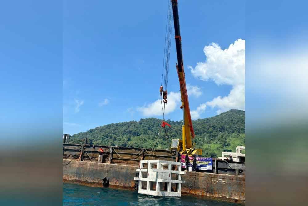 Salah satu daripada 11 tukun tiruan dilabuhkan di perairan laut Kampung Juara dan Pulau Seri Buat dalam kawasan Taman Laut Pulau Tioman, Rompin. Foto Jabatan Perikanan Pahang