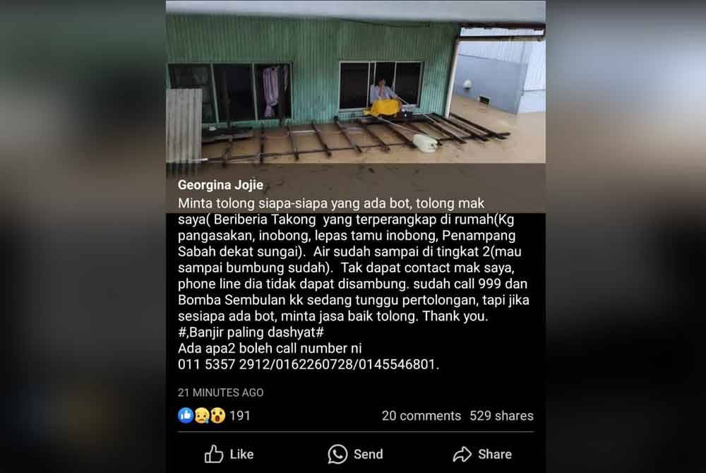 Georgina Jojie meminta bantuan orang ramai untuk menyelamatkan ibunya yang terperangkap dalam kejadian banjir di Kampung Pangasakan, Inobong, Penampang.