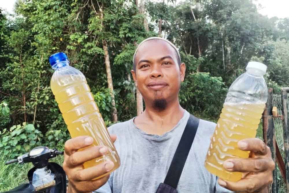 Rosniman menunjukkan hasil air nira kelapa yang diperoleh hasil pajakan pokok kelapa milik penduduk kampung.