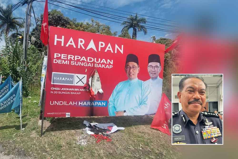 Polis membuka satu kertas siasatan berhubung kerosakan bahan kempen pilihanraya sepanjang hari kesepuluh berkempen bagi PRK Sungai Bakap. Gambar kecil: Hamzah