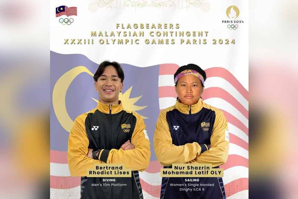 Bertrand (kiri) dan Nur Shazrin diberi penghormatan untuk membawa Jalur Gemilang dalam upacara perasmian Sukan Olimpik 2024 di Paris bulan ini. - Foto FB OCM.