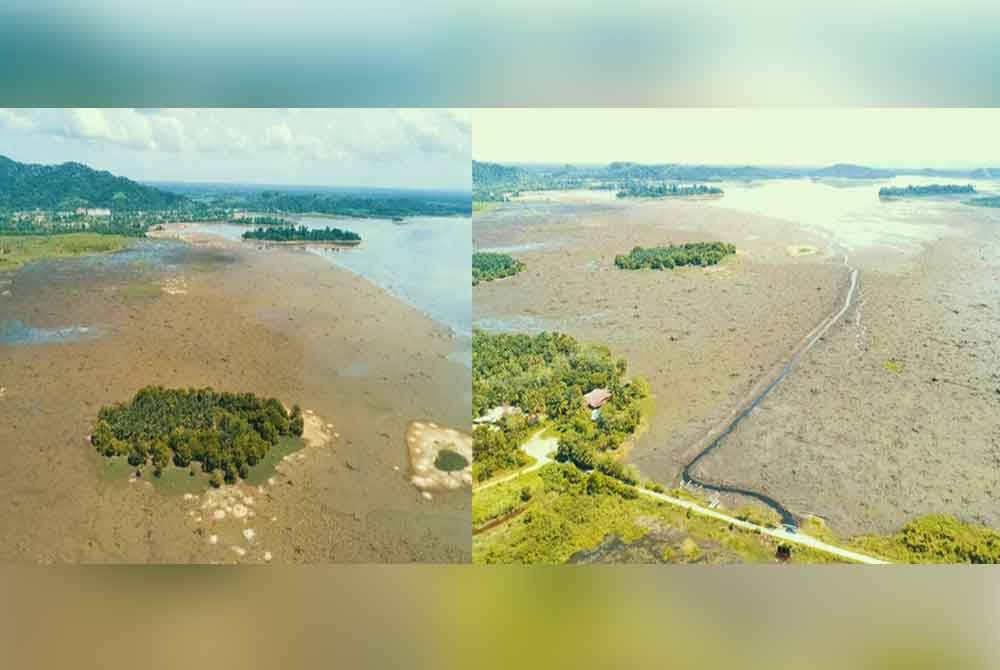 Situasi terkini keadaan Tasik Bukit Merah yang dirakam JPS menunjukkan penyusutan paras air yang ketara. Foto JPS Perak