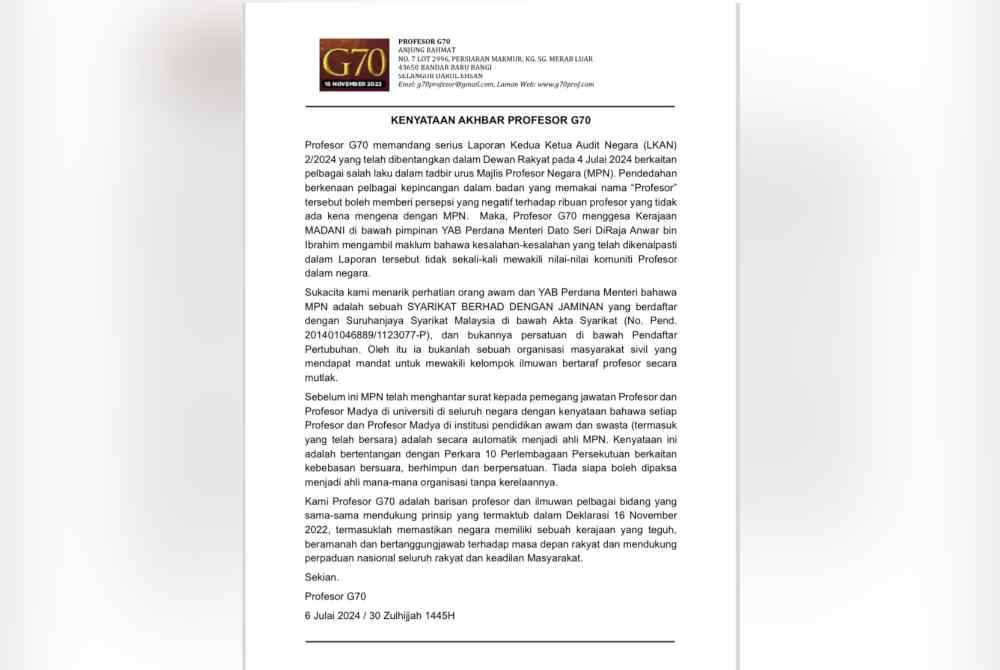 Tangkap layar kenyataan media dikeluarkan Profesor G70 pada Sabtu.
