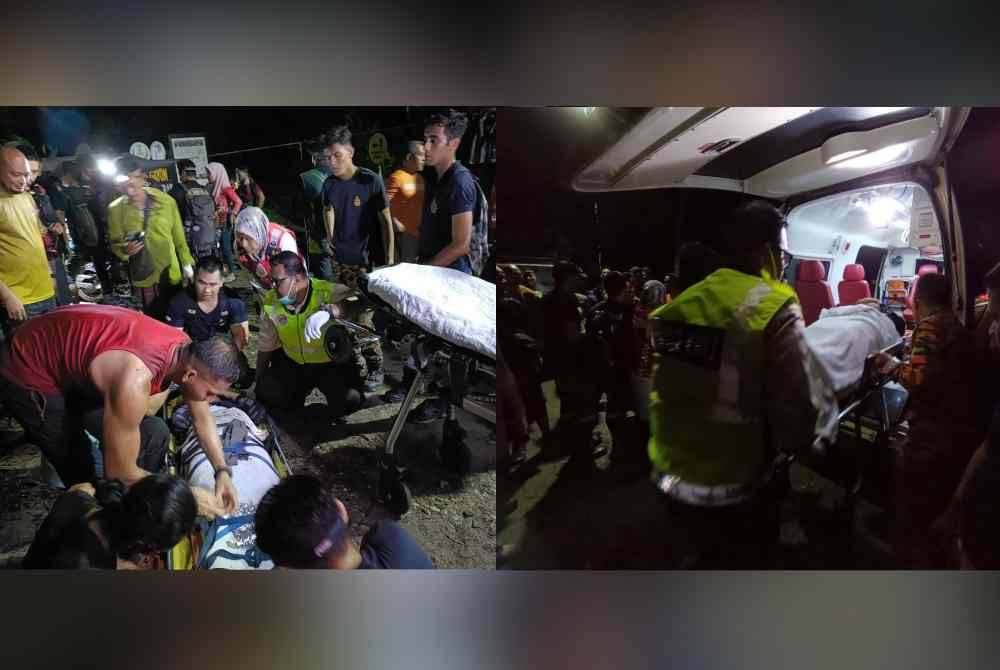 Wanita yang cedera selepas terjatuh ke dalam gaung sedalam 10 meter semasa menuruni puncak Gunung Korbu berjaya dibawa keluar awal pagi tadi. Foto bomba