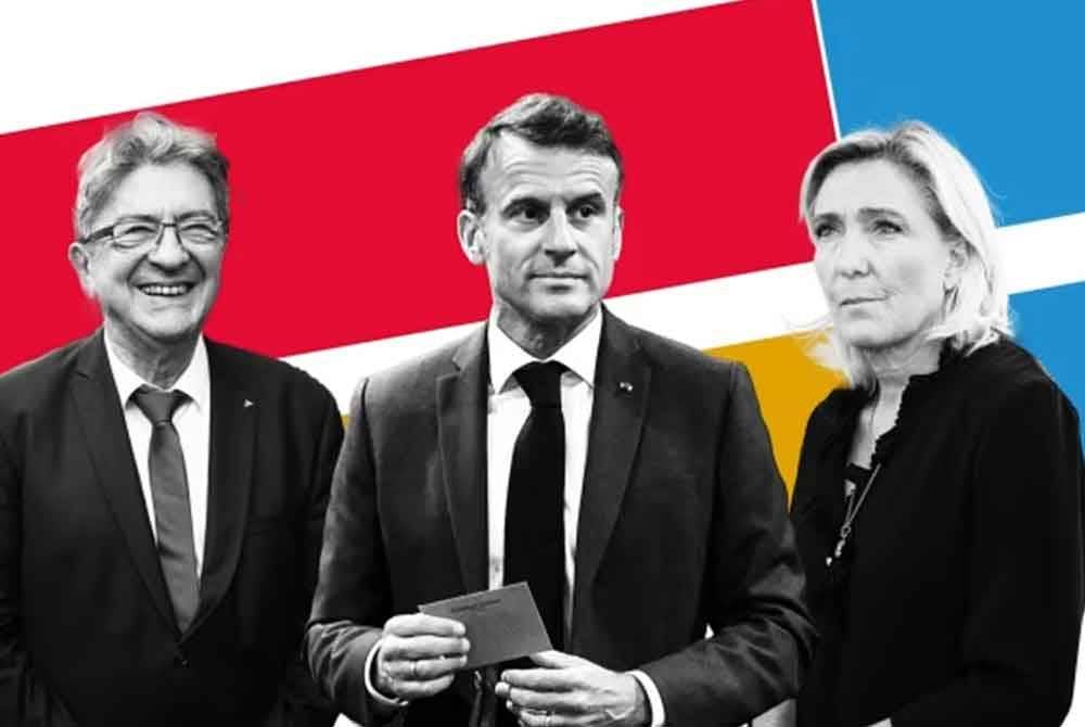 Dari kiri: Jean-Luc Melencheon, Emmanuel Macron dan Marine Le Pen. Foto Agensi