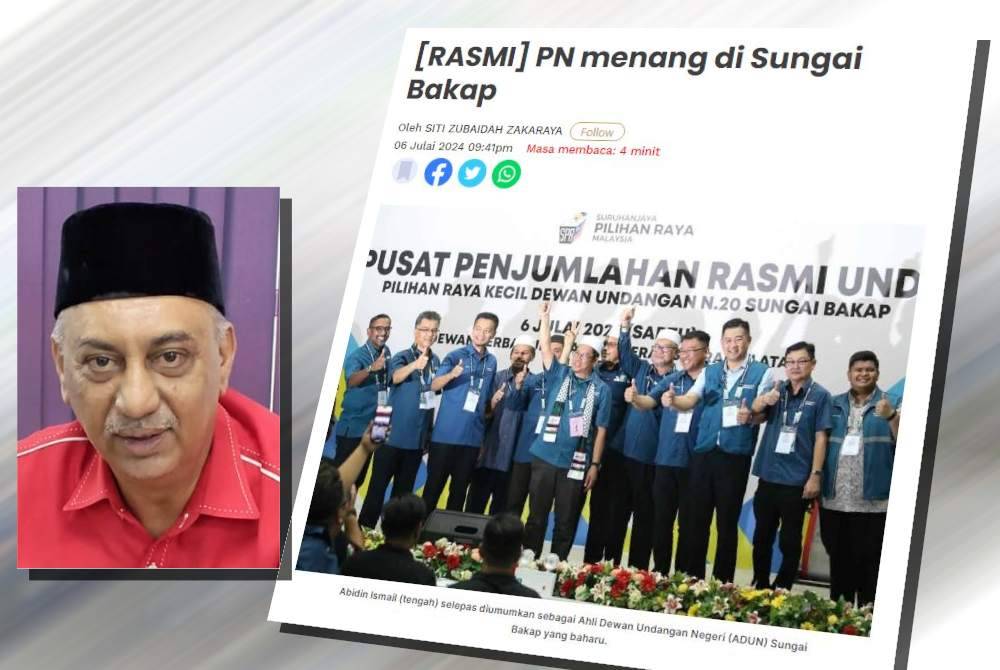 Perikatan Nasional (PN) berjaya mempertahankan kerusi Dewan Undangan Negeri (DUN) Sungai Bakap selepas calonnya Abidin Ismail menang dalam Pilihan Raya Kecil (PRK) kawasan itu dengan majoriti 4,267 undi. (Mohd Yazid)