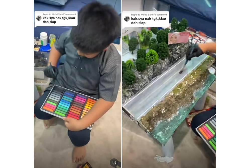 Muhammad Raziq ketika sedang menyiapkan karya diorama miliknya.