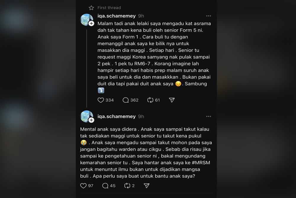 Perkongsian @iqa.schamemey di aplikasi Threads mengenai kes buli melibatkan anaknya.