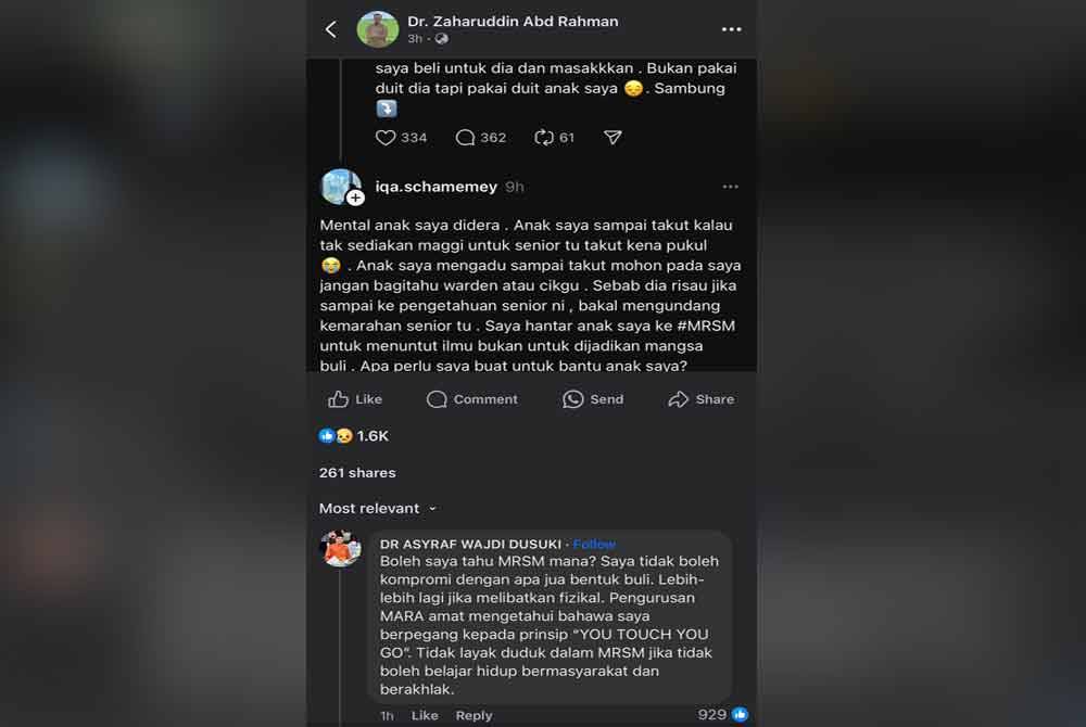 Asyaf membalas hantaran Dr Zaharuddin di Facebook dan menegaskan pihaknya tidak berkompromi terhadap kes buli di MRSM