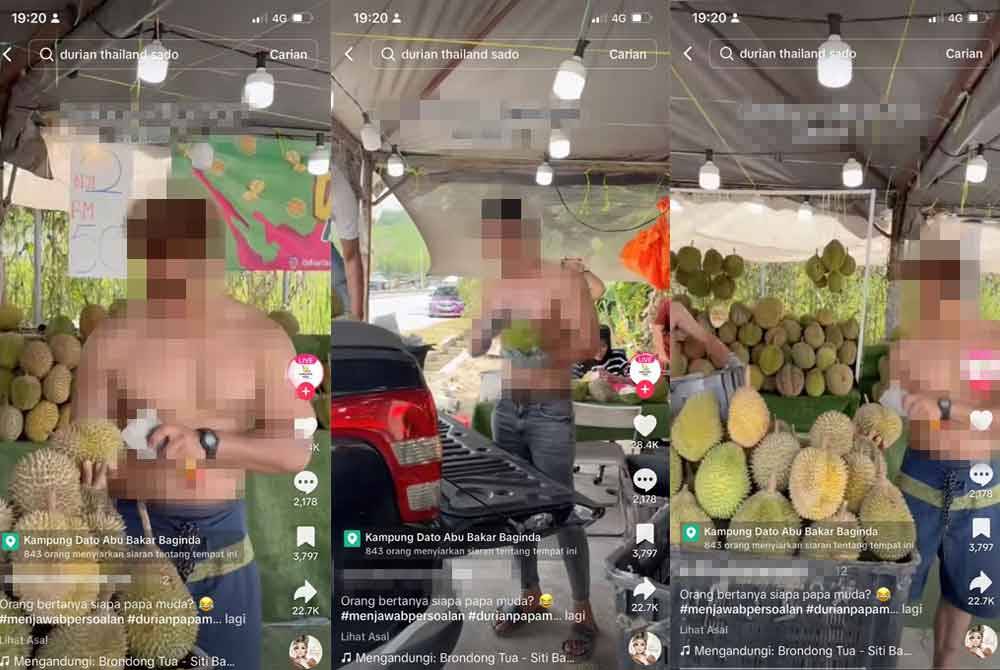 Tular sekumpulan lelaki menjual durian tanpa memakai baju.