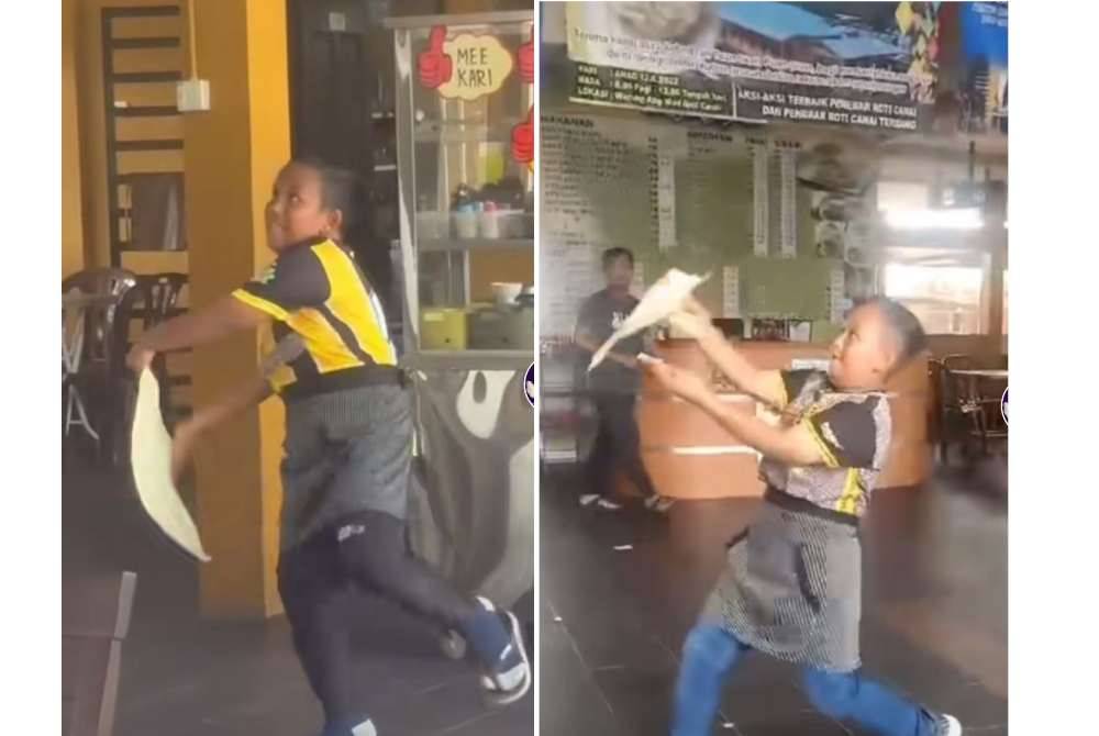 Adli Nur Iman menunjukkan skil menerbangkan roti canai.