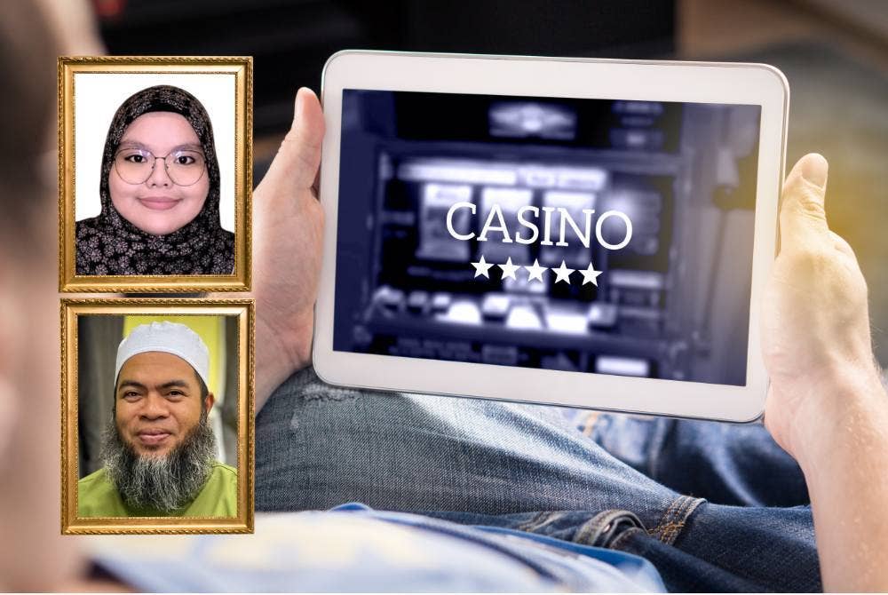 PERJUDIAN dalam talian memudahkan lagi pengguna untuk berjudi tanpa perlu ke kasino dan boleh dilakukan di mana sahaja. Gambar kecil: NUR AINAA AFIQAH (atas) dan JAHARUDIN (bawah)