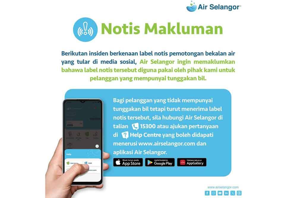 Notis peringatan Air Selangor berkenaan isu tular itu.