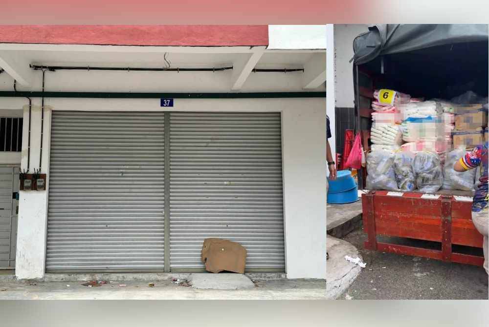 Premis tidak bernombor di Senawang, Seremban yang dijadikan sebagai stor penyimpanan. Sebanyak 2,549 kilogram (kg) barang kawalan ditemui antaranya gula, minyak masak dan tepung gandum yang dianggarkan bernilai RM6,556.90. Foto KPDN Negeri Sembilan