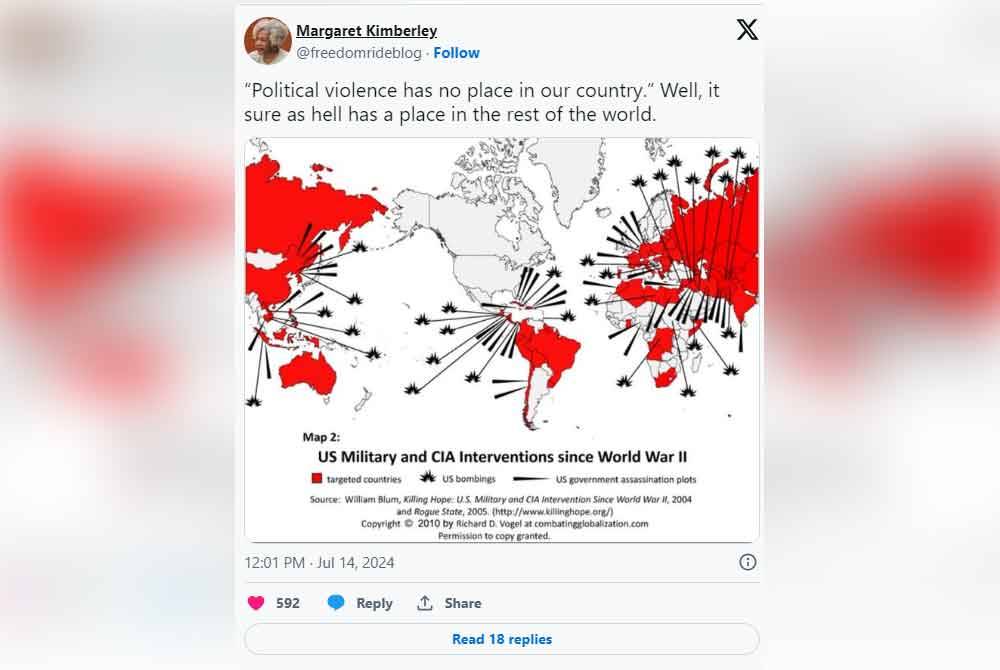 Catatan salah seorang pengguna media sosial yang menunjukkan peta memaparkan campur tangan tentera AS dan CIA sejak Perang Dunia Kedua.