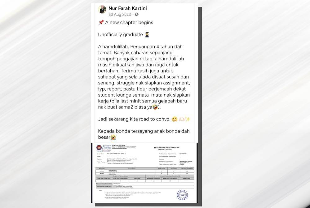Tangkap layar hantaran Nur Farah Kartini yang dimuat naik Mohd Fadli di Facebook pada Selasa.
