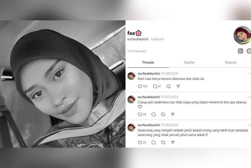 Nur Farah Kartini (kiri), Tangkap layar hantaran terakhir di akaun Threads Nur Farah Kartini.