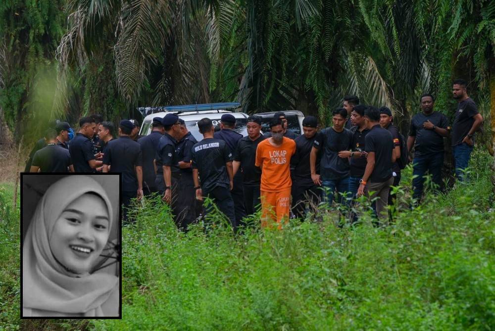 Suspek dibawa ke lokasi kejadian sekitar jam 11.40 pagi. (Gambar kecil: Nur Farah Kartini Abdullah)