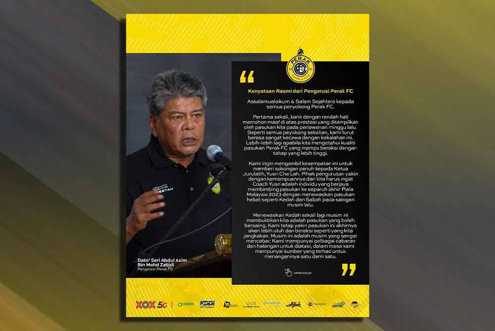 Kenyataan rasmi Abdul Azim mengenai sokongan terhadap Yusri yang dimuat naik menerusi laman Facebook rasmi Perak FC pada Rabu.