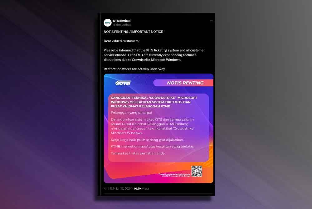 Kenyataan media yang dikeluarkan KTMB berhubung gangguan berkenaan.