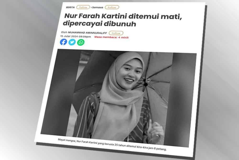 LAPORAN Sinar Harian mengenai penemuan mayat Nur Farah Kartini.